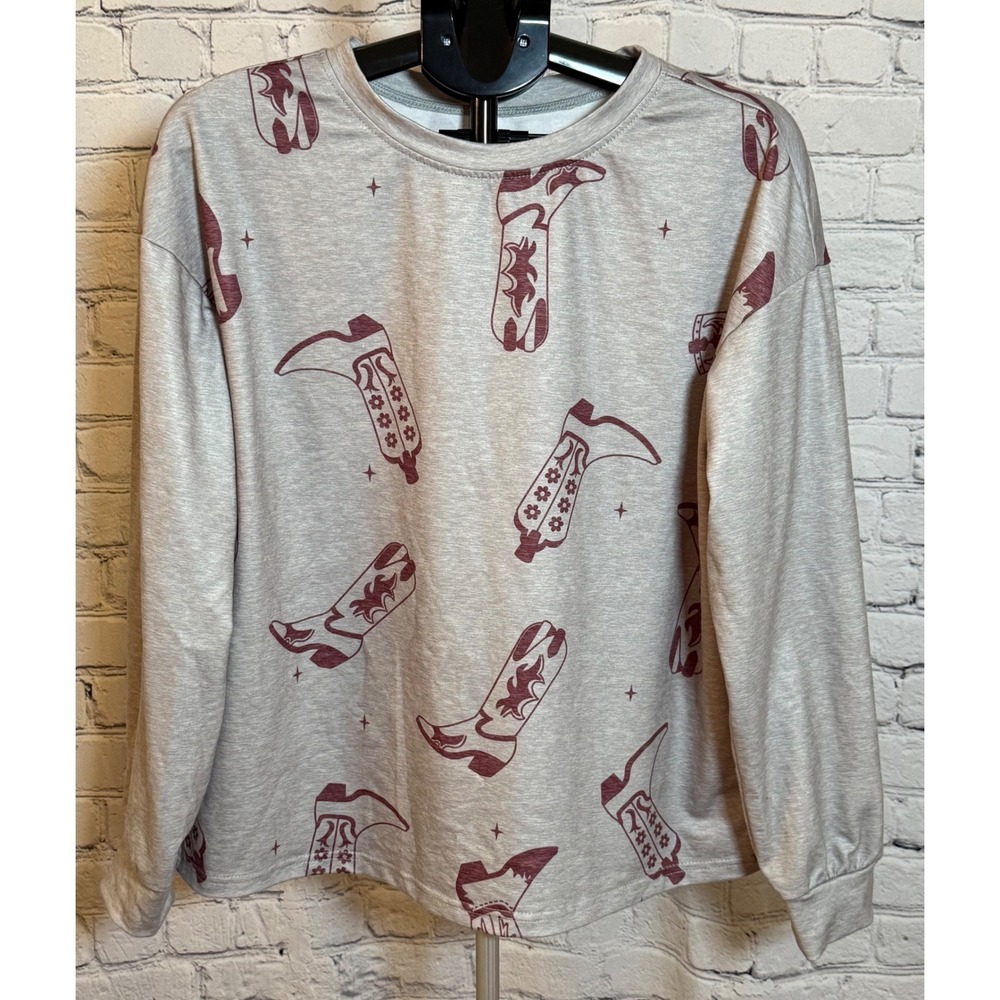 The Ledoux Western Cowboy Boot Print Loungewear Set Grey Burgundy XL Long Sleeve - Picture 2 of 7